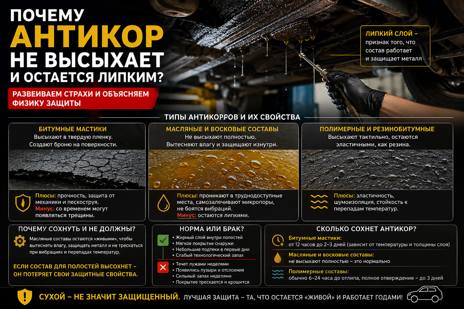 Почему антикор не высыхает и остается липким? Развеиваем страхи и объясняем физику защиты